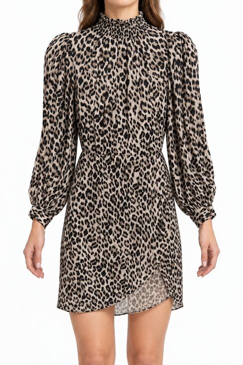 Alice + Olivia Dresses & Skirts - Alice + Olivia Leopard Mock Neck Puff Sleeve Mini Dress Size 0 Cupro Viscose